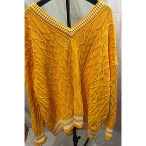 Lands' End Drifter Cable Knit Varsity V-Neck Sweater Yellow White Striped 2X